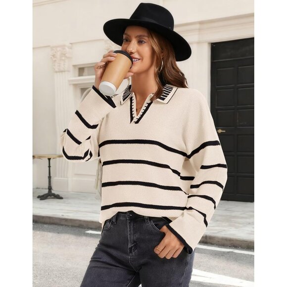 Women’s Apricot Fall Polo Sweater Striped V Neck Long Sleeve Pullover - Picture 4 of 7